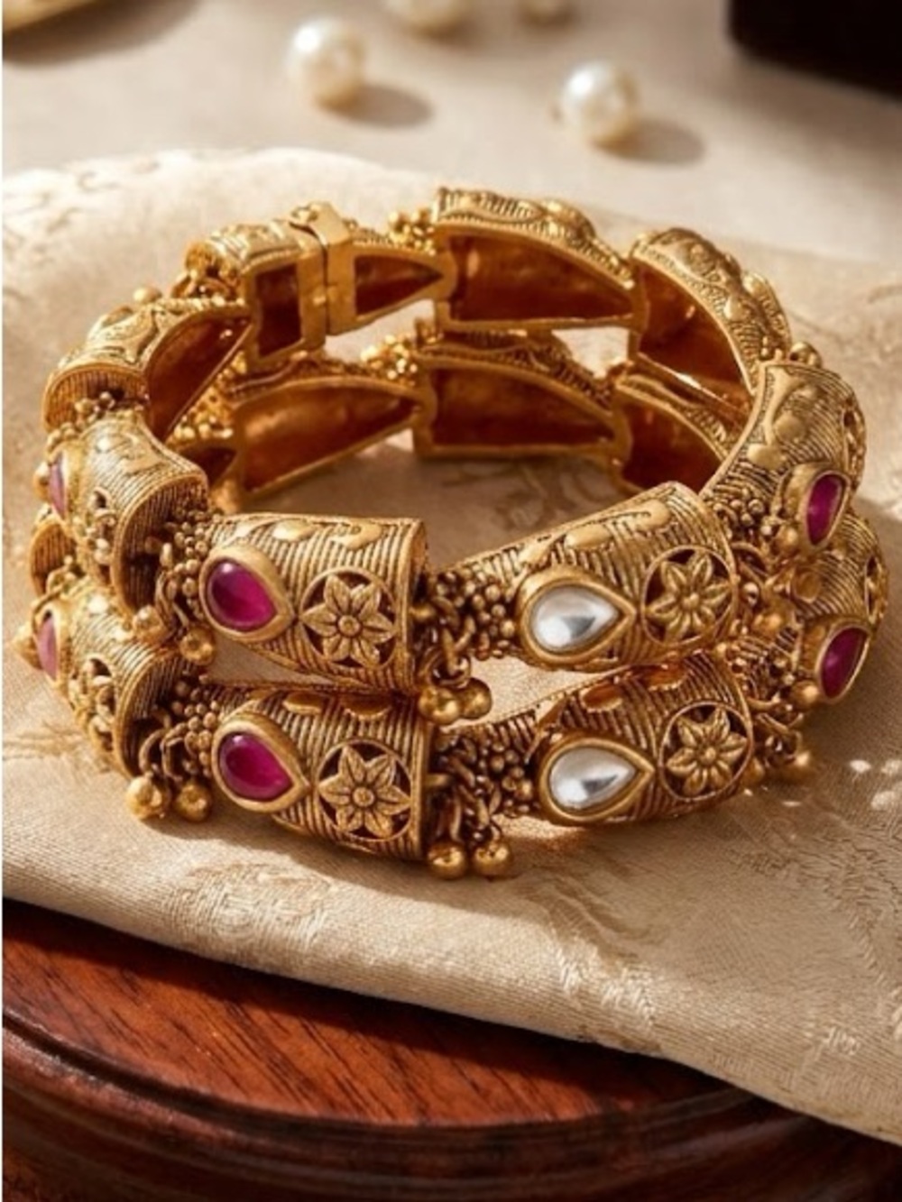 Gold Tone Floral Kundan Bangle Set with Ruby and White Stones